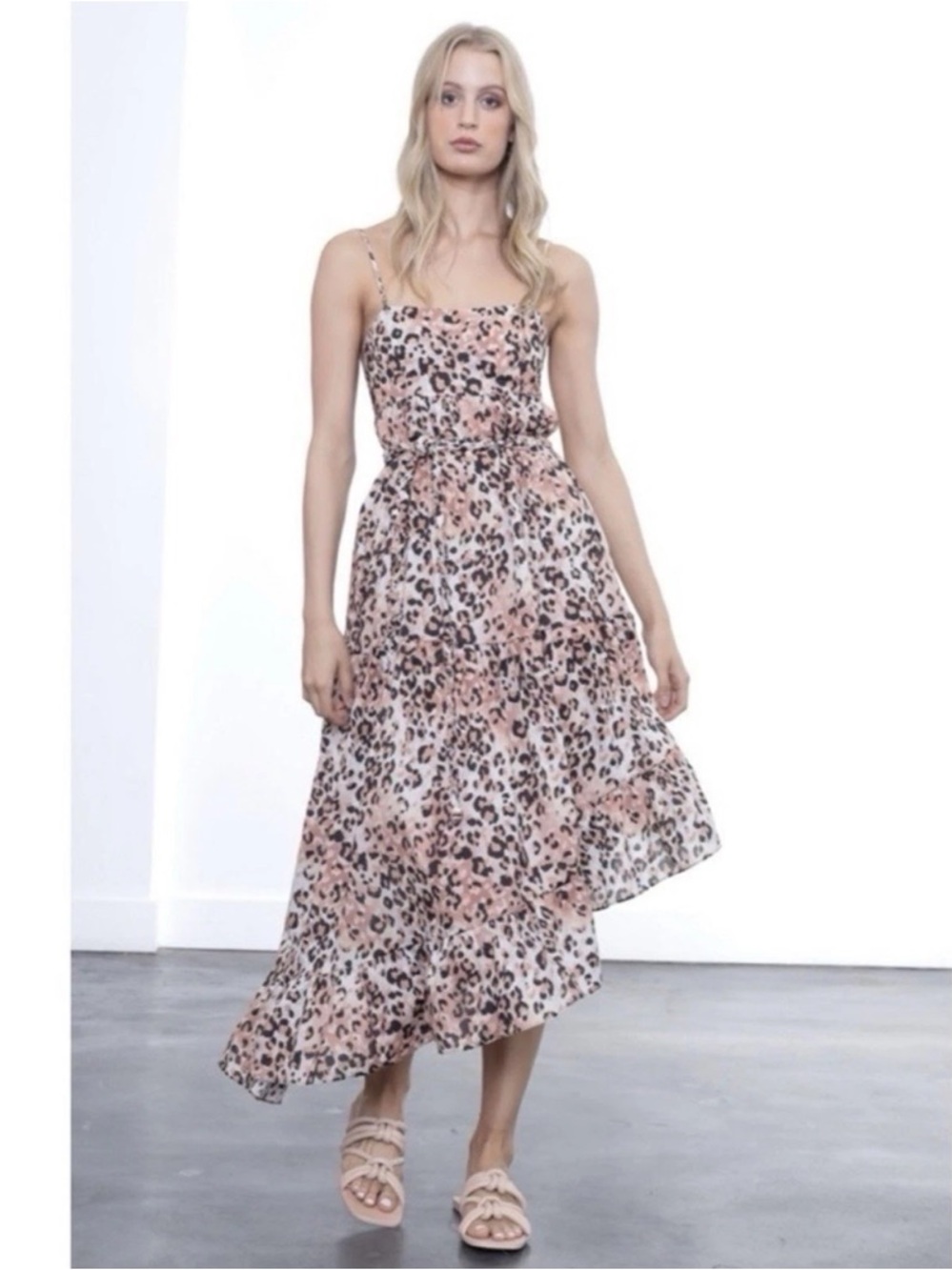 NWT Karina Grimaldi Anaii Cheetah Print Asymmetric Hem Maxi Dress